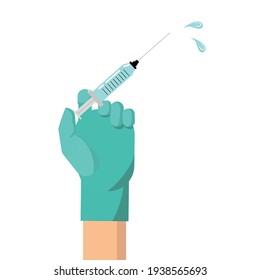 A doctor hand wears medical rubber gloves holding vaccine syringe, injection. Vector design element isolated on white. Medical concept background. Coronavirus, flu, vaccine syringe. 