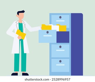 Doctor handling files of patient's record files keeping in vault for safe handling. Patient personal information files keeping by doctor and nurse. Medical record files handling in medical vault