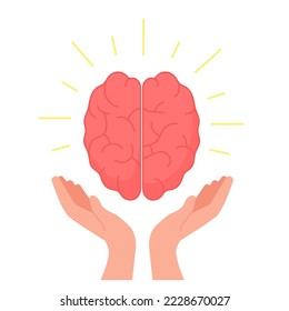 Doctor hands with brain. Growing mind in psychologist hand, mental health holding safety head, psychology therapy medical treatment science counseling vector illustration of human brain in hands