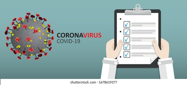 Doctor hands with a checklist and a coronavirus model. Eps 10 vector file.