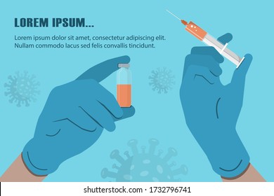 doctor hands in gloves hold vial and syringe with vaccine on blue background with copy space. Stock vector illustration.