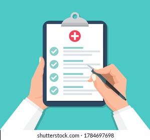 Doctor hands holding clipboard with checklist for medical report in a flat design