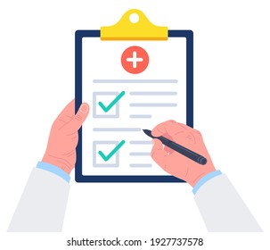 Doctor Hands Holding Clipboard With Checklist For Medical Report. Medical Prescription Pad. Vector.