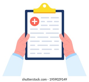 Doctor hands holding clipboard with medical report. Vector.