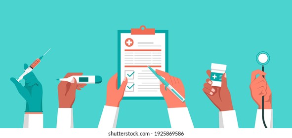 Doctor hands holding medical equipment working together and writing prescription to heal patient with syringe, thermometer, pill bottle, and stethoscope, flat vector illustration