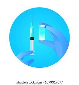 doctor hands holding syringe and bottle vial vaccine development fight against covid-19 concept vector illustration