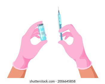 Doctor hands with medical gloves holding vaccine bottle and syringe. Covid-19 coronavirus vaccine. Vaccination shot, medicine and drug concept. Flat vector illustration. Design for banner, infographic