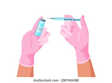 Doctor hands with medical gloves holding vaccine bottle and syringe. Covid-19 coronavirus vaccine. Vaccination shot, medicine and drug concept. Flat vector illustration. Design for banner, infographic