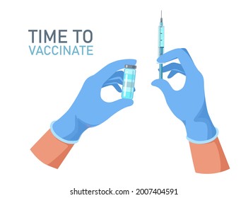 Doctor hands with medical gloves holding vaccine bottle and syringe. Covid-19 coronavirus vaccine. Vaccination shot, medicine and drug concept. Flat vector illustration. Design for banner, infographic