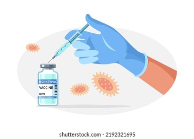 Doctor hands with medical gloves holding syringe and monkeypox vaccine bottle. Vaccination shot, medicine and drug concept. Flat vector illustration. Design for banner, infographic