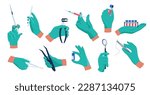 Doctor hands. Medical worker in sterile rubber gloves with syringe and therapeutic tools, healthcare vaccination disease treatment concept. Vector set of medical latex rubber protective illustration