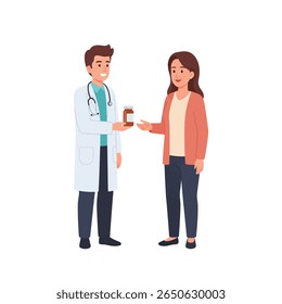 Um médico entrega um frasco de prescrição a uma paciente do sexo feminino.