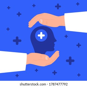 Doctor hands protect mental health vector illustration. Cartoon flat healthcare background with careful protection of brain patient, doctoral help and medical support. World Mental Health Day concept