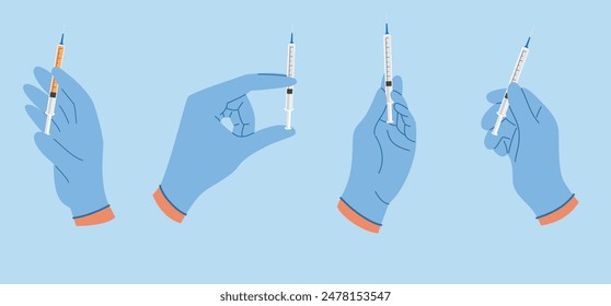 Doctor hands in rubber glove holding syringe with liquid for injection. Set of illustrations
