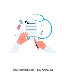 Doctor hands signing medical prescription form - flat drawing of cartoon character writing signature on paper document surrounded by pills and other medicine - vector illustration.