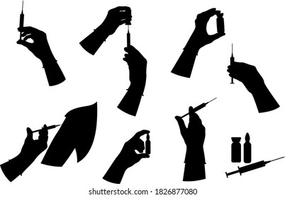 Doctor hands with syringe and ampoule with vaccine or medicine. Doctor hands making an injection. Vaccination and immunization concept. Preventive medicine and treatment. Isolated silhouette. Vector