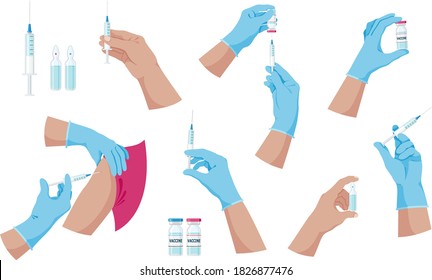Doctor hands with syringe and ampoule with vaccine or medicine. Doctor hands making an injection. Vaccination and immunization concept. Preventive medicine, treatment. Colorful set. Isolated. Vector