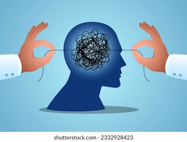 Doctor hands untangle the tangled thread in human brain, psychotherapy, psychology, mental problems concept