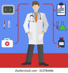 Doctor with hands in white coat pockets and medical icons