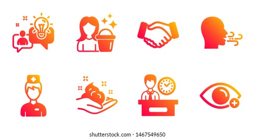 Doctor, Handshake and Breathing exercise line icons set. Skin care, Idea and Cleaning signs. Presentation time, Farsightedness symbols. Medicine person, Deal hand. People set. Vector
