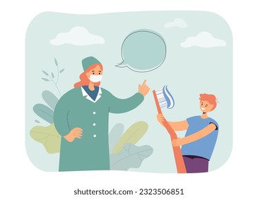 Doctor and happy boy with huge toothbrush vector illustration. Cartoon drawing of dentist giving medical advice on dental care and healthy habits to kid. Healthcare, oral hygiene, childhood concept