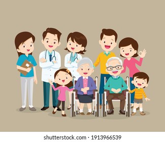 Doctor And Happy Family With Grandparents Sitting On Wheelchair