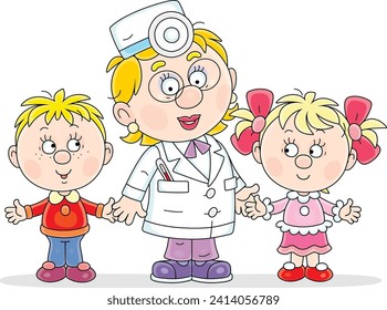 Doctor and happy little boy and girl talking about healthy lifestyle at home and at school, vector cartoon illustration isolated on a white background