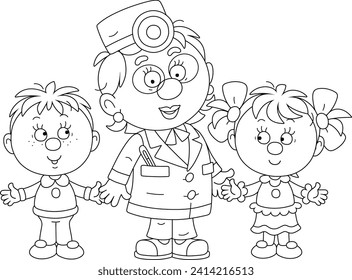 Doctor and happy little boy and girl talking about healthy lifestyle at home and at school, black and white vector cartoon illustration for a coloring book