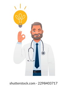 El doctor tiene una idea. Retrato de una persona feliz con el gesto OK. Empresario sostiene una bombilla en el aire. Hombre blanco inteligente con una idea de cómo resolver el problema. Ilustración de dibujos animados.