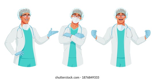 Médico en sombrero, máscara y guantes en diferentes poses. Presentando, los brazos cruzados sobre el pecho, levantando las manos. Ilustración vectorial aislada de tamaño completo bajo máscara de recorte.