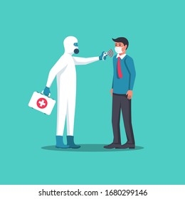 Doctor in hazmat holding a non-contact thermometer in hand. Temperature check. Mask on face, person in control. Coronavirus prevention. Epidemic 2019-ncov. Vector flat design. Protective suit.