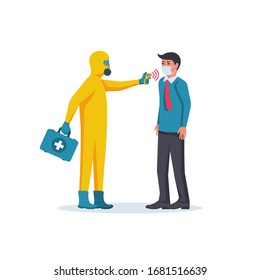 Doctor in hazmat holding a non-contact thermometer in hand. Temperature check. Mask on face, person in control. Coronavirus prevention. Epidemic 2019-ncov. Measuring body temperature. Vector flat.