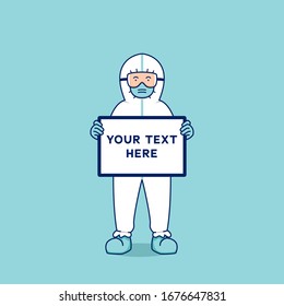 Doctor With Hazmat Protective Suit Hold White Board Text Template Shows His Thought