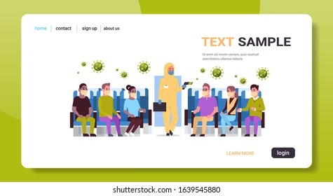 doctor in hazmat suit checking airplane passengers for epidemic MERS-CoV virus symptoms wuhan coronavirus 2019-nCoV pandemic medical health risk concept horizontal copy space vector illustration