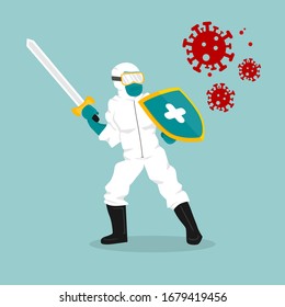 Doctor In Hazmat Suit Holding Sword And Shield Fighting Virus 