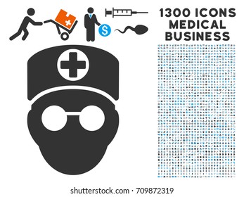 Doctor Head gray vector icon with 1300 clinic business icons. Set style is flat bicolor light blue and gray pictograms.