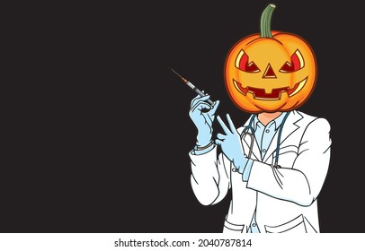 Doctor with head of halloween pumpkin, smiling face in medical glove, hold syringe, shows victory sign, fantasy, Happy Halloween when vaccinated against coronavirus concept. Vector illustration.