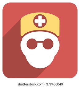 Doctor Head long shadow vector icon. Style is a light flat symbol on a red rounded square button.