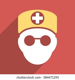 Doctor Head long shadow vector icon. Style is a light flat symbol on a red square button.