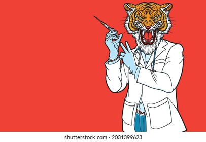 Doctor with head of tiger in medical glove, hold syringe, shows victory sign, asian beliefs, happy year of tiger, healthy safe from COVID-19, mascot. Beautiful animal vector illustration concept.