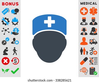 Doctor Head vector icon with bonus. Style is bicolor flat symbol, smooth blue colors, rounded angles, white background.