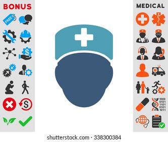 Doctor Head vector icon with bonus. Style is bicolor flat symbol, cyan and blue colors, rounded angles, white background.