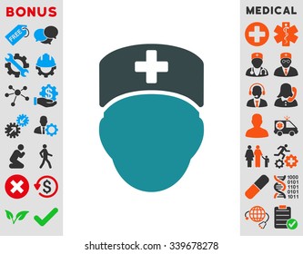 Doctor Head vector icon with bonus. Style is bicolor flat symbol, soft blue colors, rounded angles, white background.