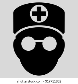 Doctor Head vector icon. Style is flat symbol, black color, rounded angles, light gray background.