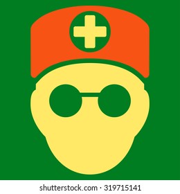 Doctor Head vector icon. Style is bicolor flat symbol, orange and yellow colors, rounded angles, green background.