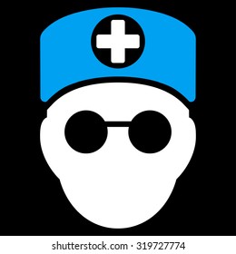 Doctor Head vector icon. Style is bicolor flat symbol, blue and white colors, rounded angles, black background.