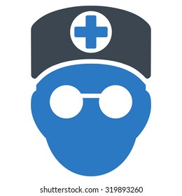 Doctor Head vector icon. Style is bicolor flat symbol, smooth blue colors, rounded angles, white background.