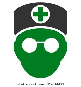 Doctor Head vector icon. Style is bicolor flat symbol, green and gray colors, rounded angles, white background.