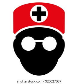 Doctor Head vector icon. Style is bicolor flat symbol, intensive red and black colors, rounded angles, white background.