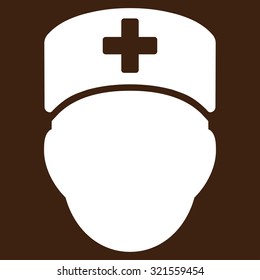 Doctor Head vector icon. Style is flat symbol, white color, rounded angles, brown background.